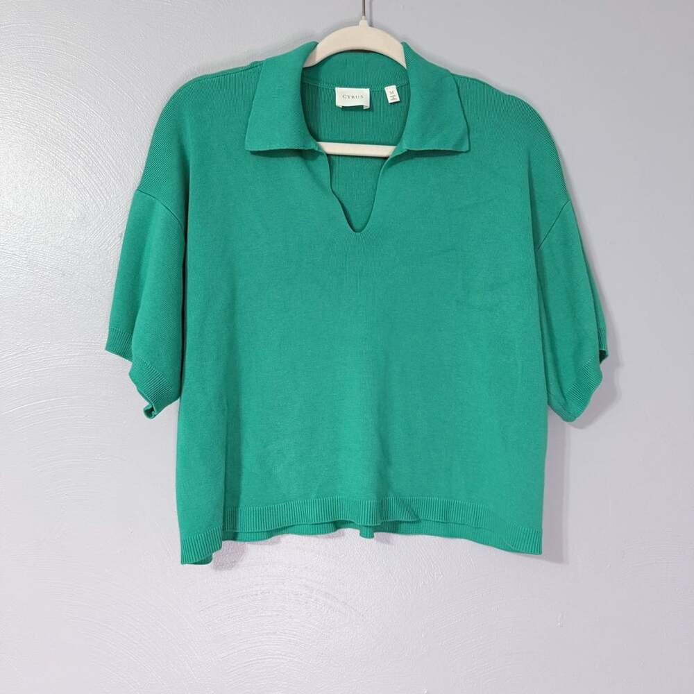 Cyrus Green Short Sleeve Knit Polo Sweater Top V-Neck Sz M